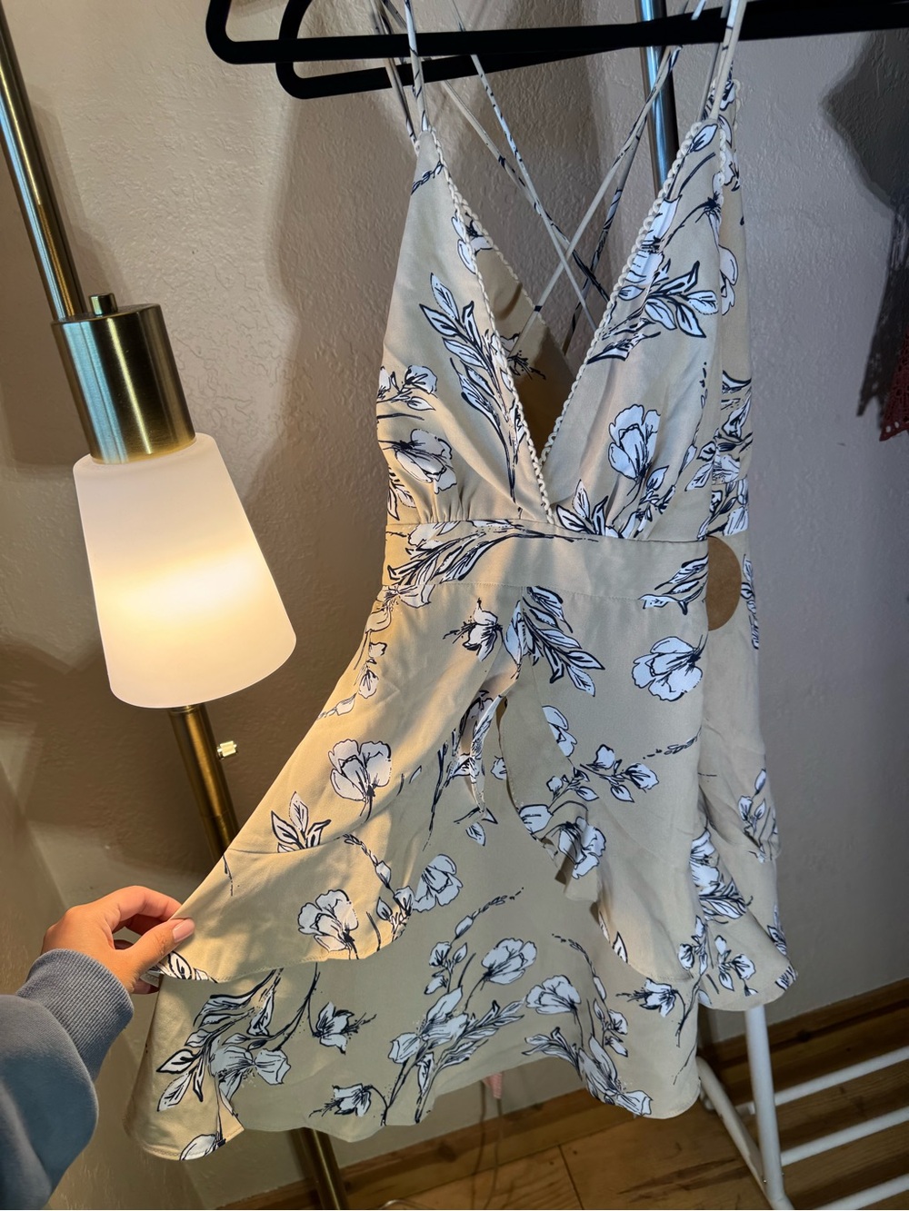 Floral V-Neck Strappy Summer Dress in Beige